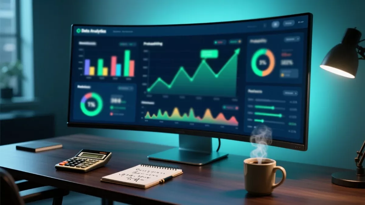 Curved monitor displaying sports betting analytics dashboard on a desk with calculator, notebook, and coffee cup