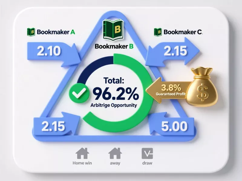 Diagram showing arbitrage betting mechanics with multiple bookmakers odds comparison and guaranteed profit calculation demonstration