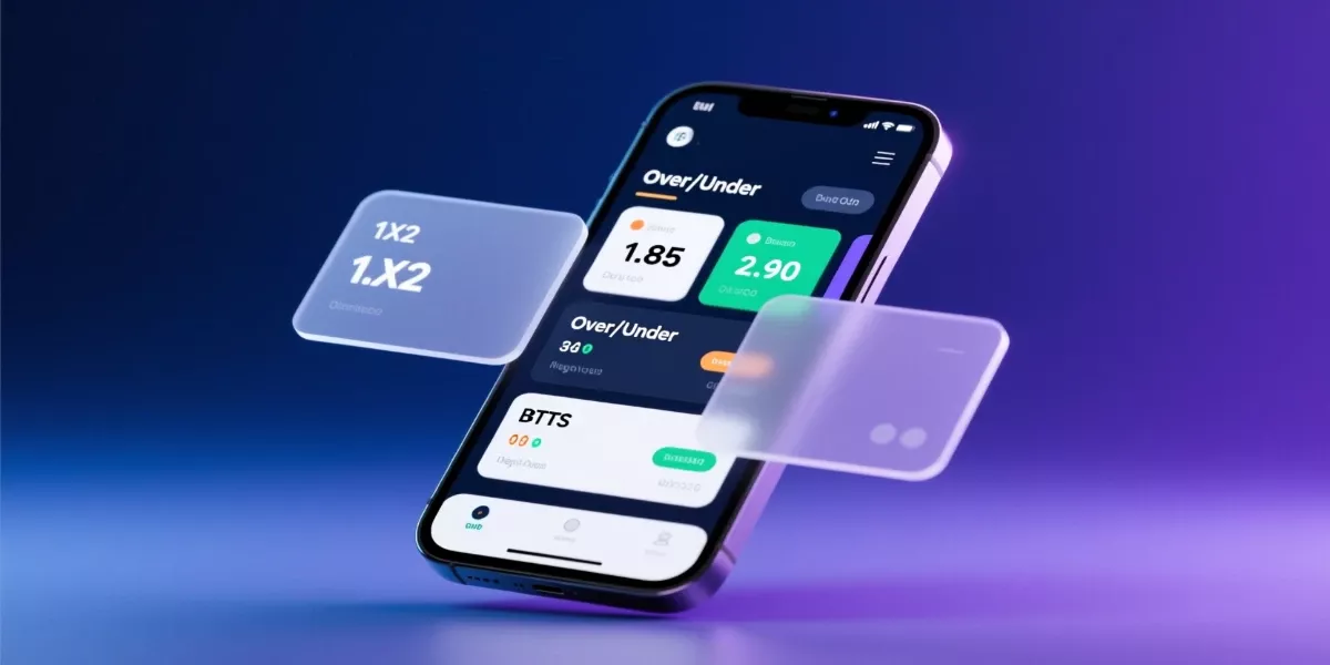 Mobile sports betting app showing 1X2, over under, and BTTS betting markets on smartphone screen