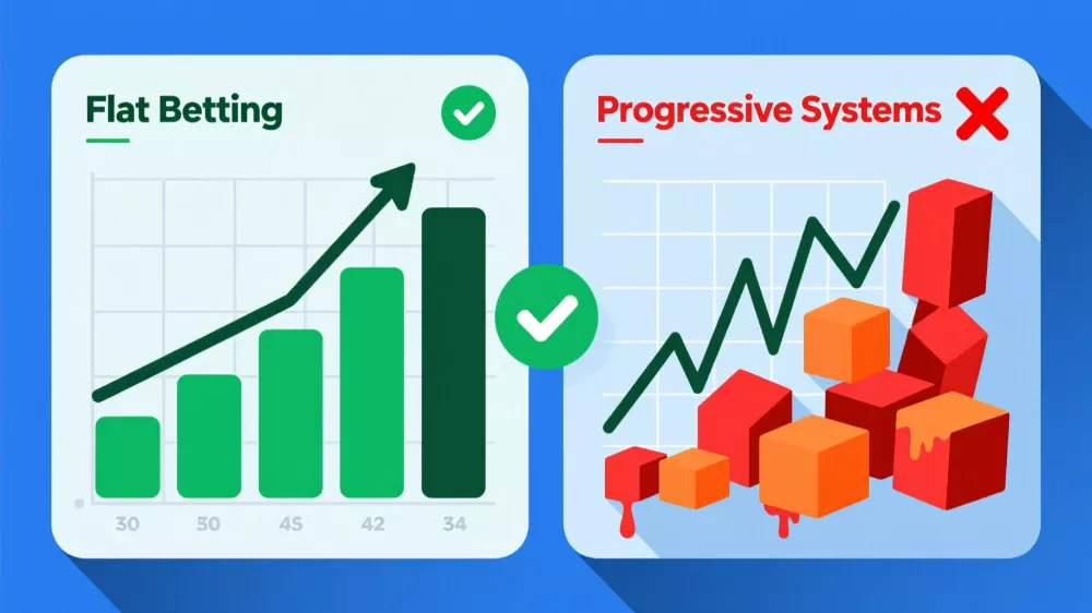 Comparison diagram showing flat betting stability versus progressive systems volatility and risk