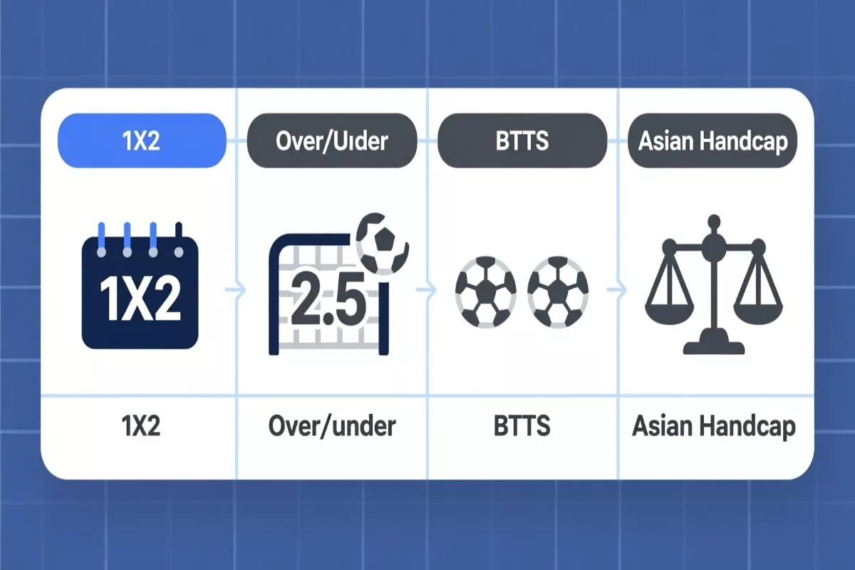 Infographic showing different football betting market types including match results, over under goals, both teams to score and Asian handicap options