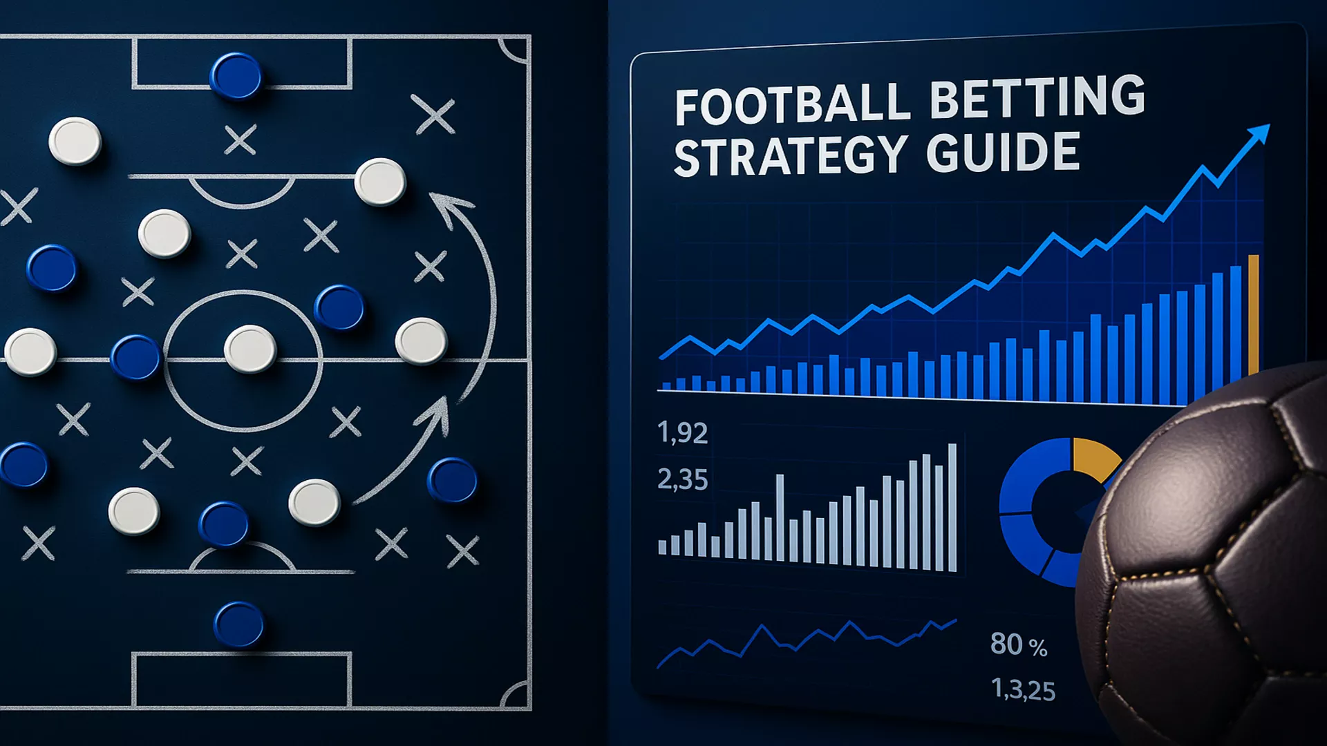 Football betting strategy guide with tactical football board, performance charts, and soccer ball