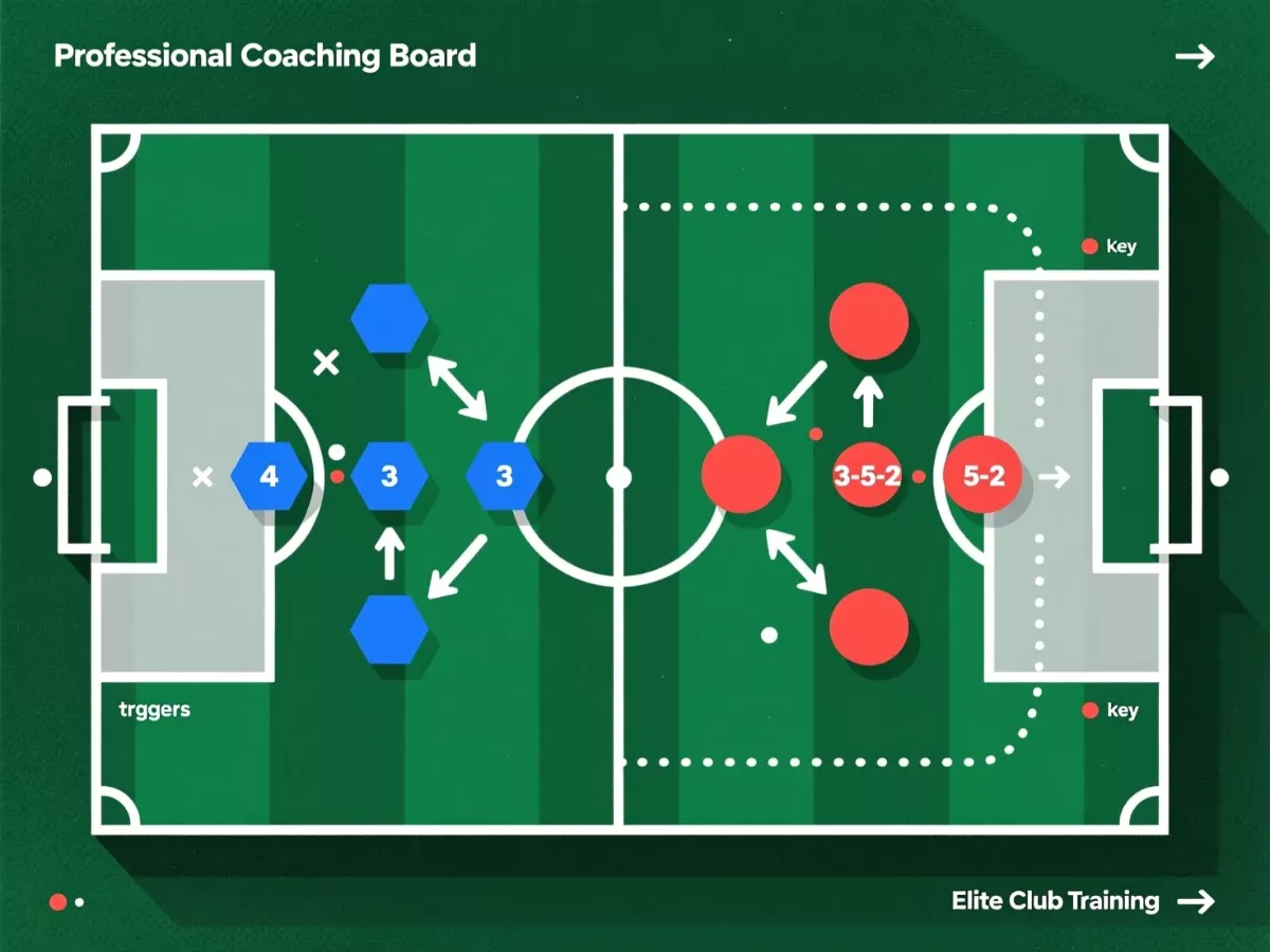 Tactical football analysis diagram showing team formations, pressing zones, movement patterns and strategic positioning for match prediction