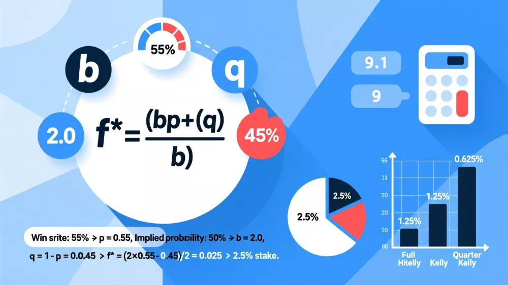 Kelly Criterion formula visualization with mathematical calculation and betting percentage examples