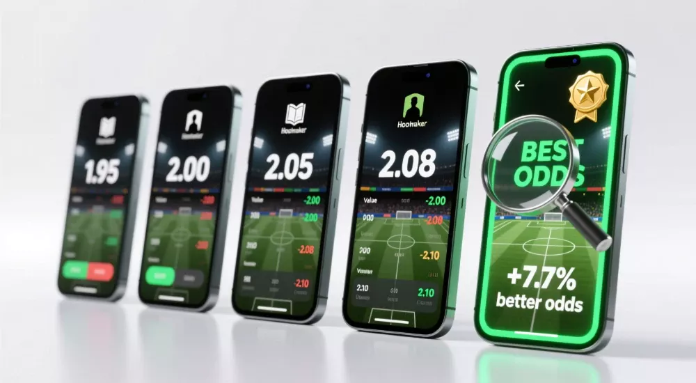Visual comparison of betting odds across multiple bookmaker platforms showing best odds identification and percentage improvement through line shopping