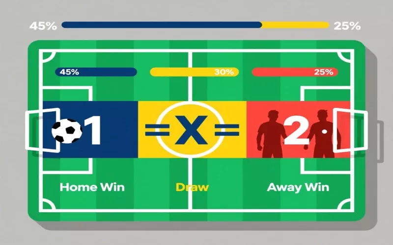 Match result betting 1X2 explained with football field showing home win draw and away win options