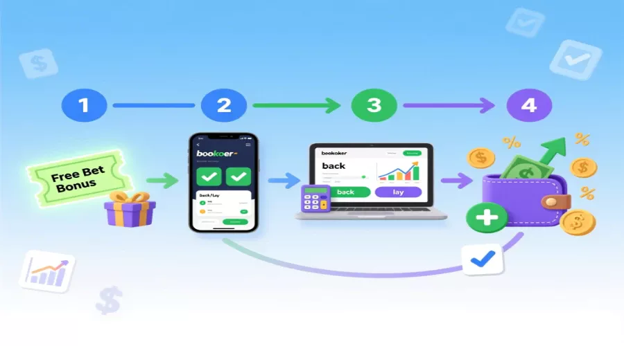 Step-by-step flowchart illustrating matched betting process from free bet bonus through bookmaker and exchange betting to guaranteed profit extraction