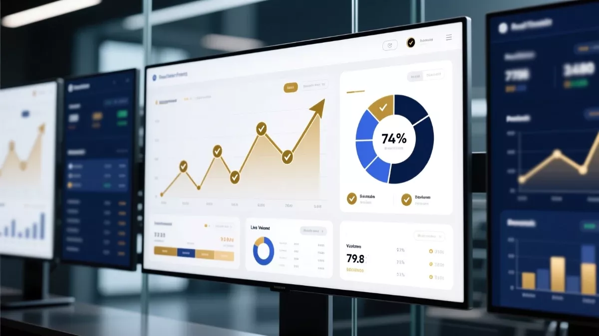 Sports betting performance dashboard on widescreen monitor with betting trends, charts, and success rate metrics