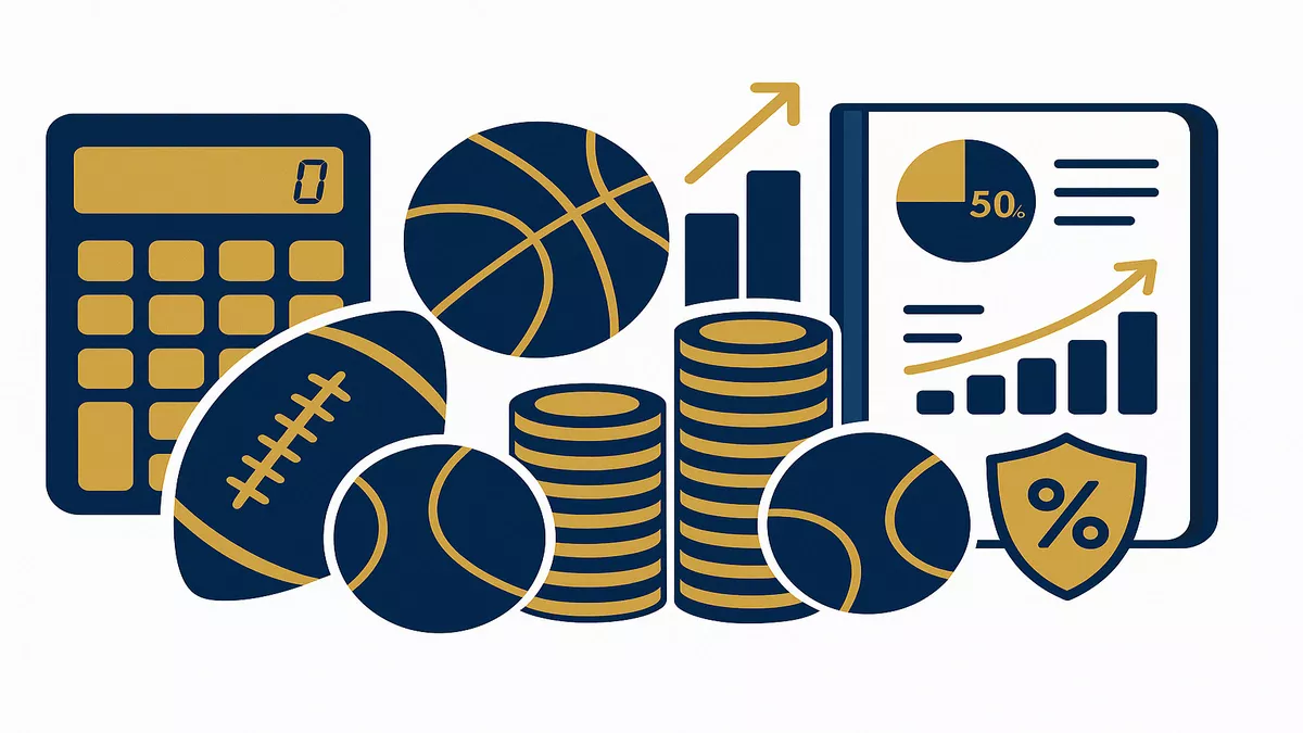 Sports betting illustration with calculator, coins, balls, betting charts, and percentage shield