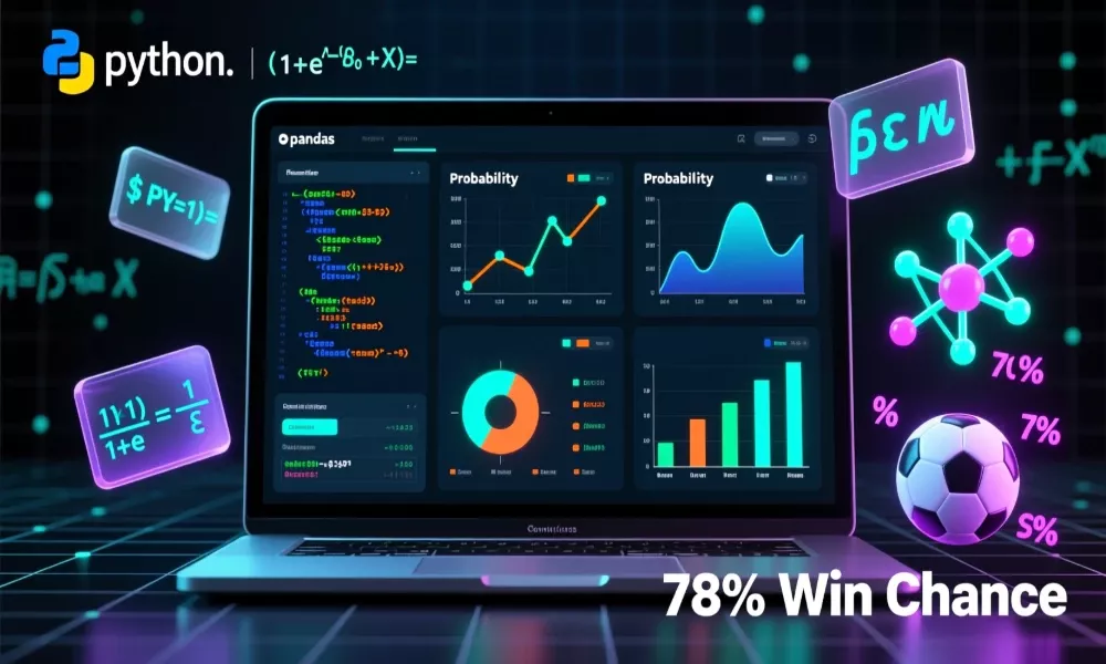 Data science visualization showing statistical modeling for sports betting with Python code, probability distributions, regression analysis and predictive analytics dashboard