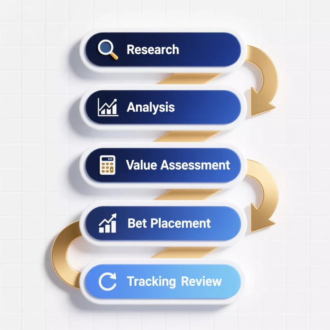 Systematic betting framework flowchart showing research, analysis, value assessment, bet placement, tracking and review process for football wagering