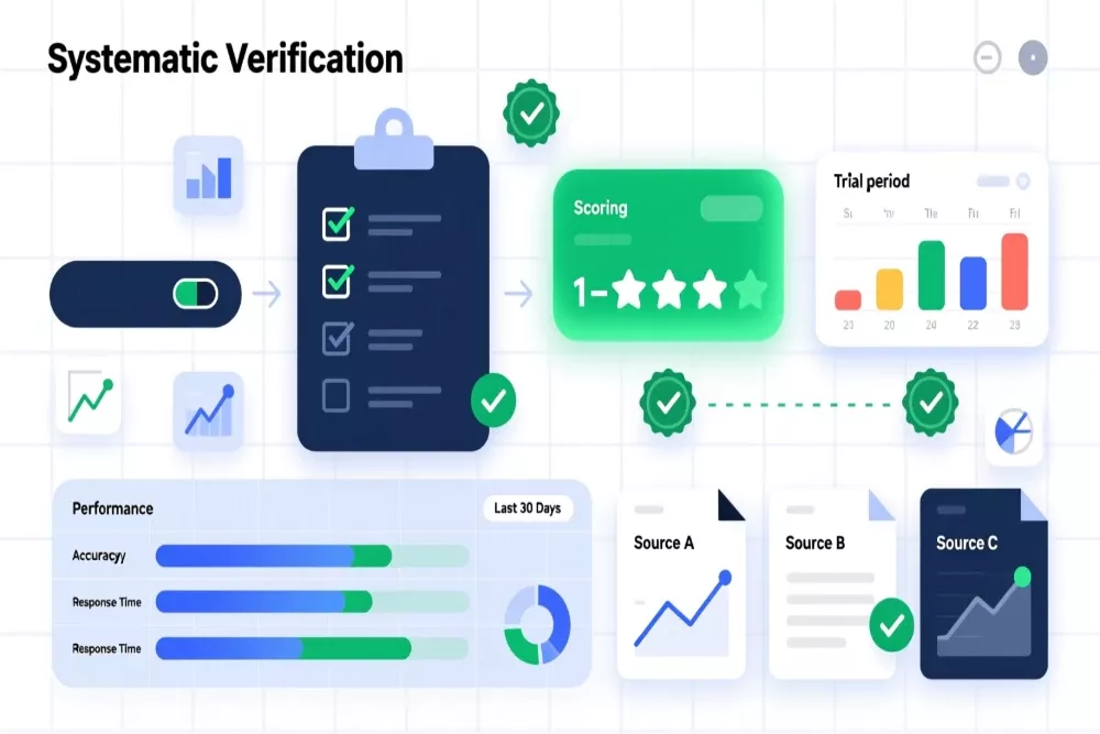 Systematic verification checklist and workflow process for evaluating betting tipsters with scoring systems and trial period tracking