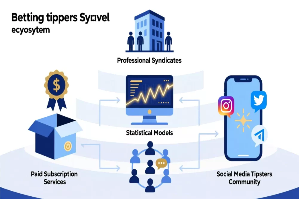 Infographic showing different types of betting tipsters including free communities, paid services, social media tipsters, and professional syndicates