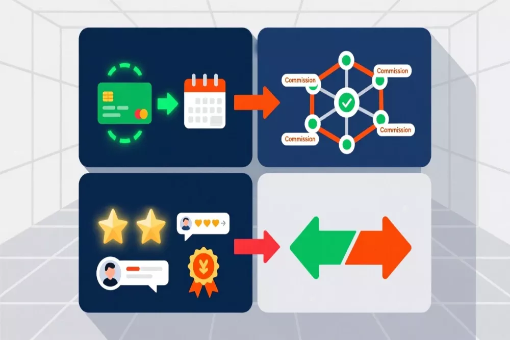 Conceptual diagram showing different tipster incentive structures including subscriptions, affiliate commissions, and conflicts of interest in betting tips industry