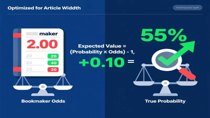 Educational infographic illustrating value betting concept with bookmaker odds comparison against true probability calculations and expected value formula